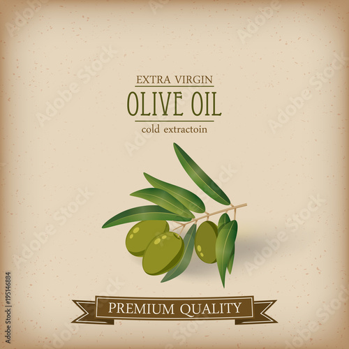 Olive branch oil label cartoon style, vector, isolated