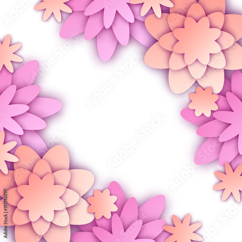 Fototapeta Naklejka Na Ścianę i Meble -  Vector illustration with paper cut flowers and place for text. Trendy spring and summer origami background