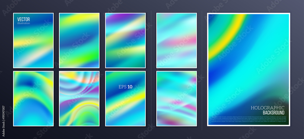Holographic background set. Vibrant neon pastel texture. Hologram for print and web design. Hipster style backdrops. Trendy vector illustration for fashion or printed products.
