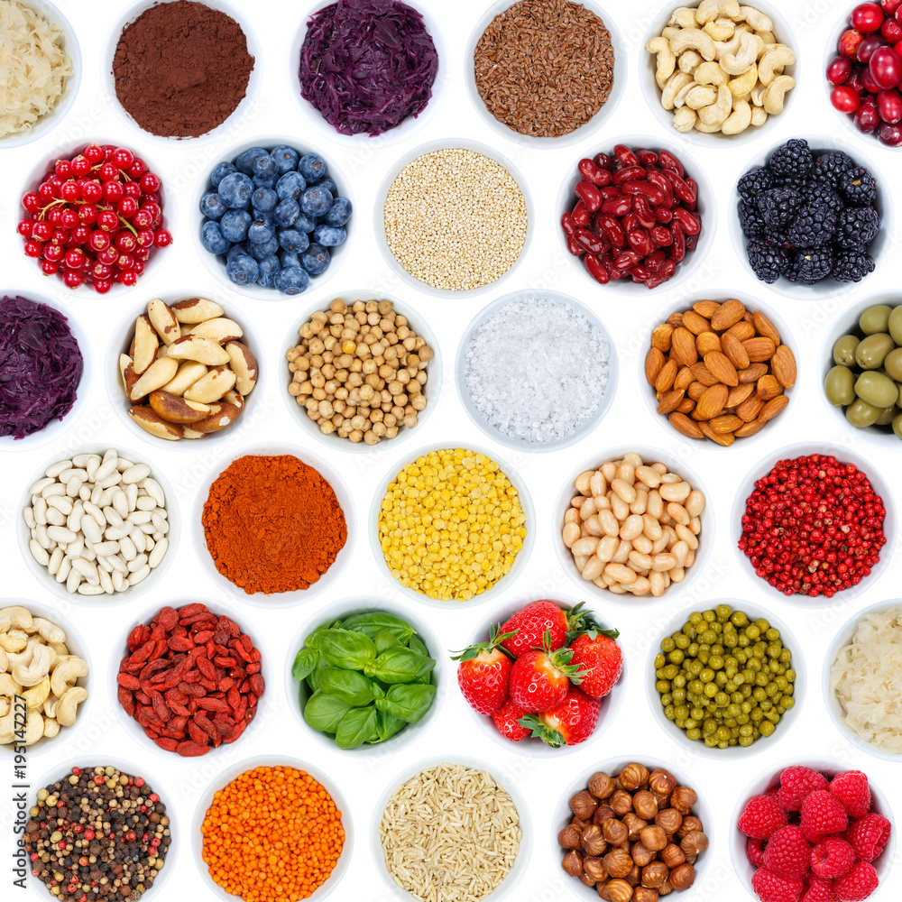 Früchte Beeren Gemüse Sammlung Hintergrund quadratisch Nüsse von oben freigestellt Früchte Beeren Gemüse Sammlung Hintergrund quadratisch Nüsse von oben freigestellt