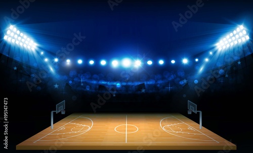 Basketball arena field with bright stadium lights design. Vector illumination