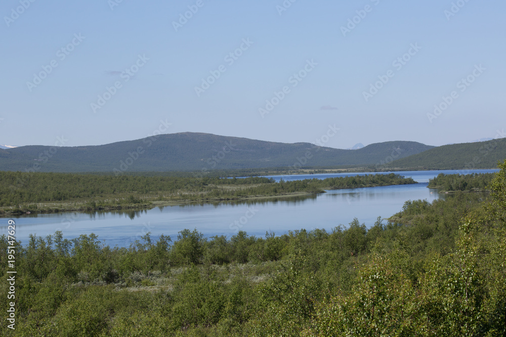 countryside on the river könkämäeno, taiga, summer