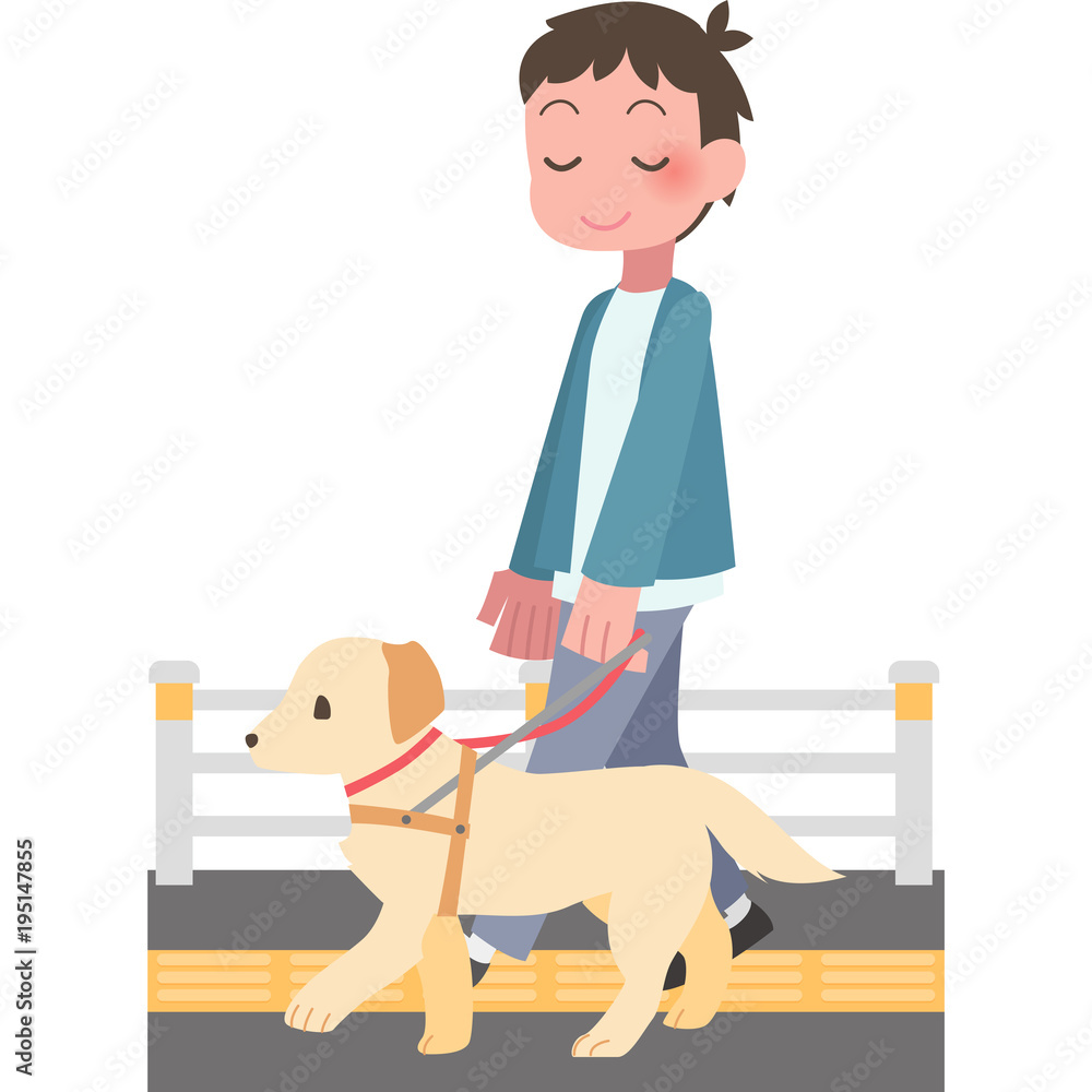 盲導犬と歩く男性 盲導犬と歩く男性