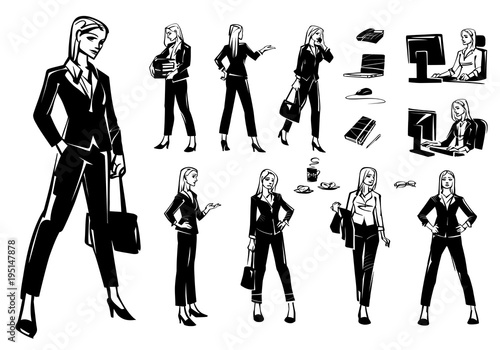 Set of business women in different poses and situations. The girl works at the computer.