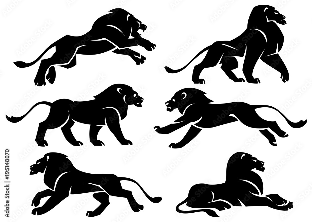 Set of illustrations lions in profile. Stylized vector set on white background.