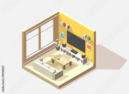 Vector isometric low poly living room cutaway icon