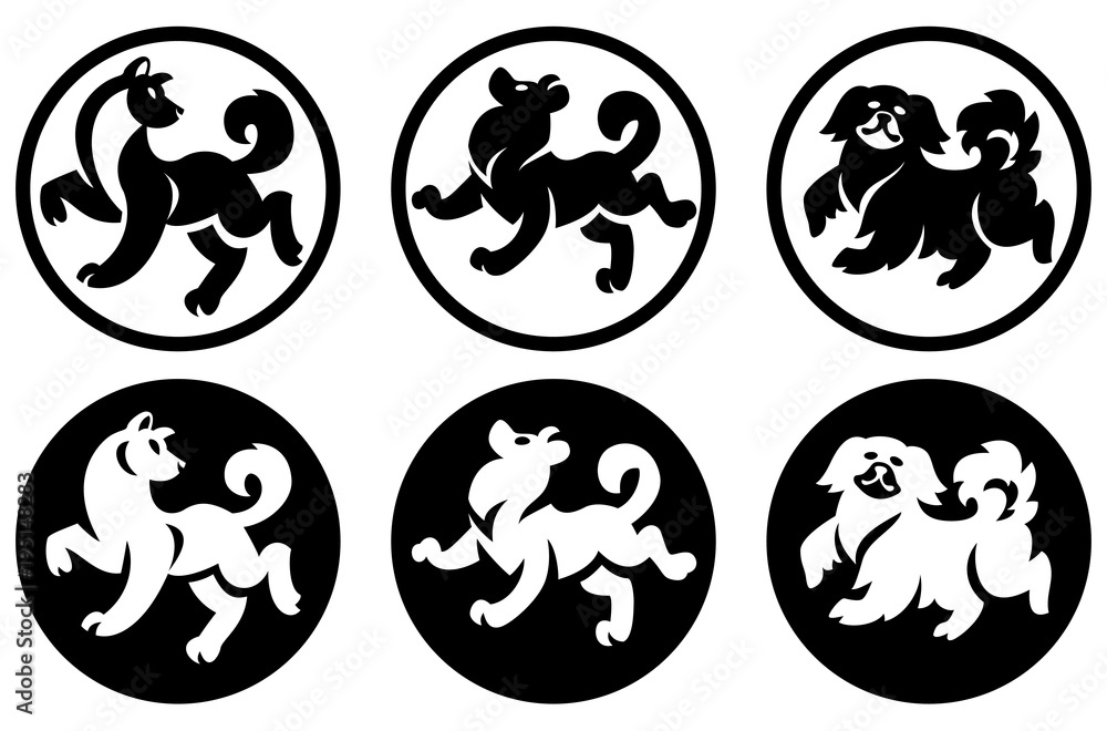 Decorative Chinese dogs in a circle. Black silhouettes on white background. Decorative Chinese dogs in a circle. Black silhouettes on white background.