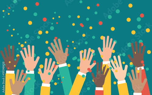 Arms of business people raised up in the air, happy crowd celebration and support, flat vector illustration on green background