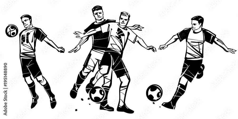 Soccer vector illustration. Three players in soccer. Black figure on a white background.