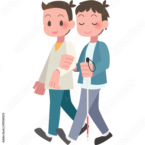 視覚障害者と介助する男性