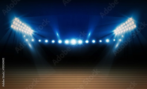 Basketball arena field with bright stadium lights vector design. Vector illumination