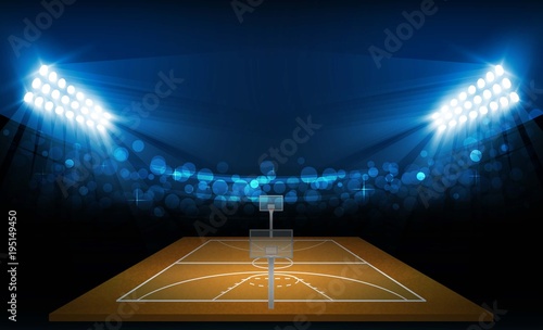 Basketball arena field with bright stadium lights design. Vector illumination