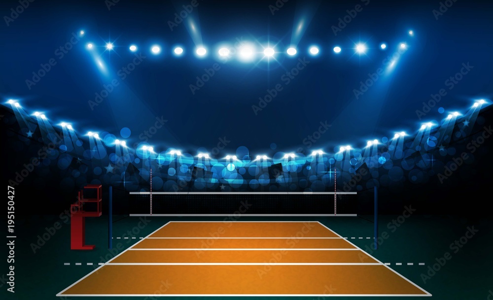 Volleyball court arena field with bright stadium lights design. Vector ...