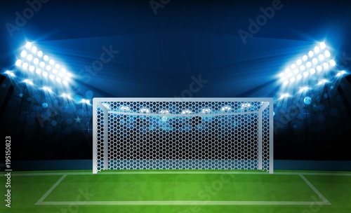 Football arena field with bright stadium lights design. Vector illumination