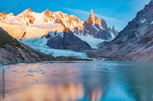Amazing sunrise view of Cerro Torre mountain by the lake. Los Glaciares National park. Argentina.