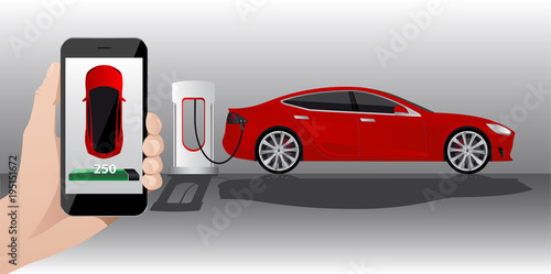 Hand with phone on a background of electric car charging point. On a divice screen indicator of power reserve. Vector illustration
