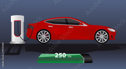 Modern electric car charging at the charger station with indicator of power reserve. Vector illustration EPS 10