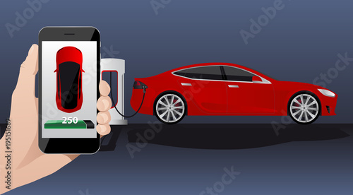Hand with phone on a background of electric car charging point. On a divice screen indicator of power reserve. Vector illustration