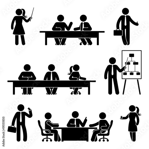 Stick figure business meeting icon set. Vector illustration of finance conversation on white.
