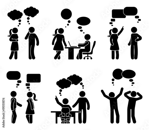 Stick figure office people speech bubble set. Vector illustration of talking coworkers on white.