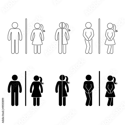 Toilet male and female icon. Stick figure vector funny wc, restroom set on white