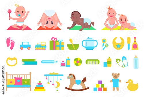 Playful Children and Toys Set Vector Illustration