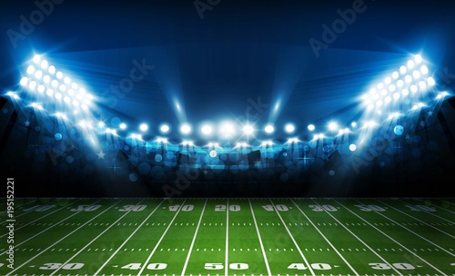 American football arena field with bright stadium lights design. Vector illumination