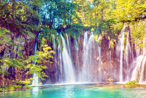 Incredibly beautiful fabulous magical landscape with a waterfall in Plitvice  Croatia  harmony meditation  antistress - concept 
