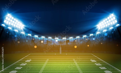 American football arena field with bright stadium lights design. Vector illumination
