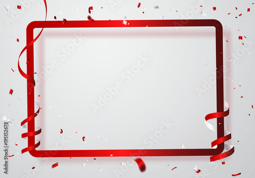 Photography Celebration background frame template with confetti and red White ribbons