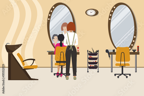 Interior of a hairdressing salon in a yellow color. Beauty salon. There is a hairdresser and a client in the hall. There are tables, chairs, a bath for washing the hair, mirrors, hair dryer here