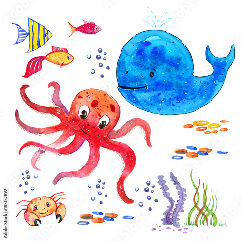 Sealife children watercolor hand drawn stylized isolated set