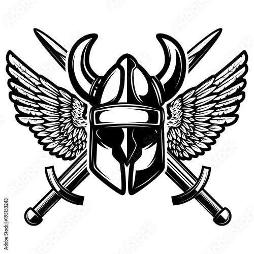 Helmet with crossed swords and wings isolated on white background.