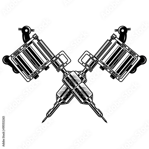 Crossed tattoo machines isolated on  white background. Design element for poster, emblem, sign, badge.