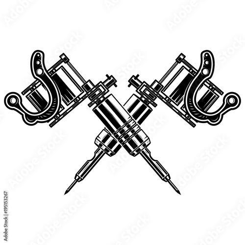 Crossed tattoo machines isolated on  white background. Design element for poster, emblem, sign, badge.