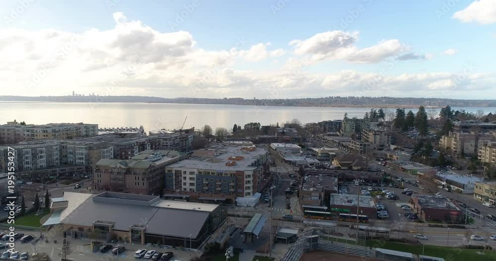 Panoramic Aerial View of Kirkland WA Downtown District Core Lake Washington Panoramic Aerial View of Kirkland WA Downtown District Core Lake Washington