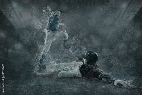 Baseball players in action under water