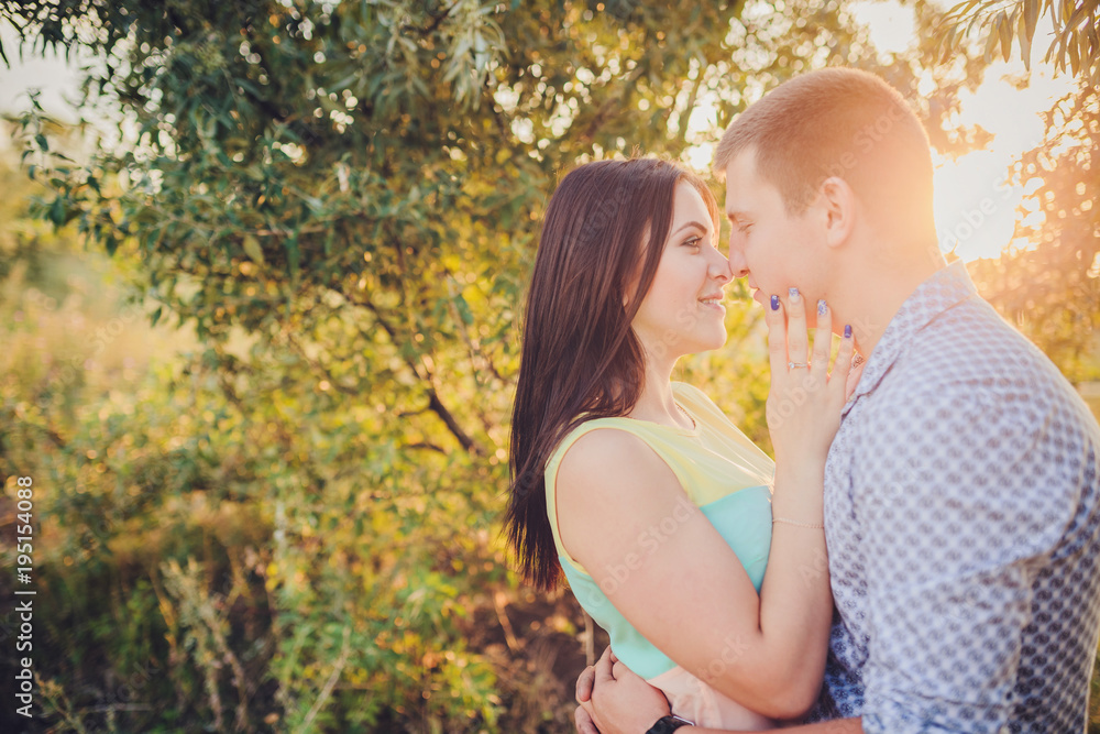 Happy couple on vacation. Lovers are laughing. Happy guy and girl.