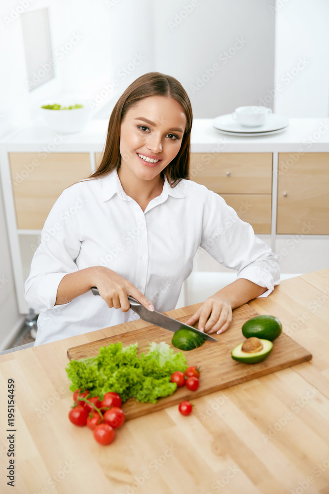 Healthy Diet. Woman Cooking Food, Cutting Vegetables For Salad Healthy Diet. Woman Cooking Food, Cutting Vegetables For Salad