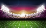 American football arena field with bright stadium lights and evening light sunset. Vector illumination