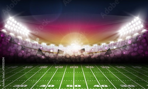 American football arena field with bright stadium lights and evening light sunset. Vector illumination