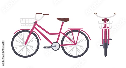 Elegant pink city bike or urban bicycle with step-through frame and front basket isolated on white background. Modern pedal-driven vehicle. Front and side views. Colorful vector illustration.
