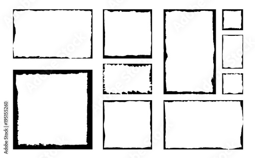 Set of grunge square frames. Empty border background. Hand draws black and white ink. Distress damaged edge vintage template. Brush stroke vector.