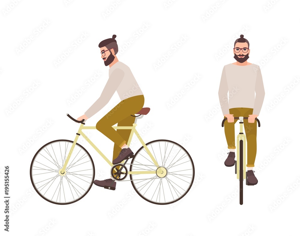 Young hipster man or male cartoon character with trendy hairstyle and beard riding  bicycle. Stylish guy pedaling urban bike isolated on white background.  Colorful vector illustration in flat style. Stock Vector |
