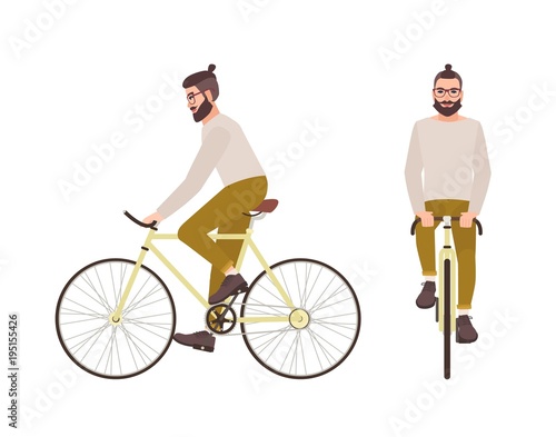 Young hipster man or male cartoon character with trendy hairstyle and beard riding bicycle. Stylish guy pedaling urban bike isolated on white background. Colorful vector illustration in flat style.