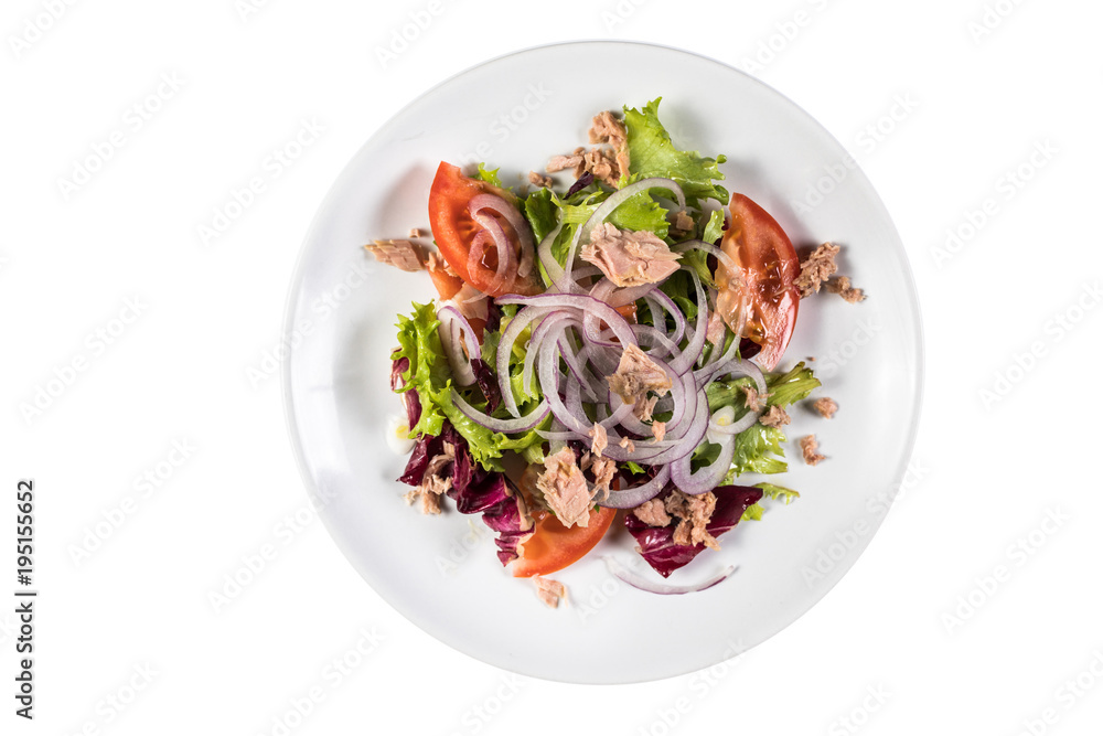 Salad in taller isolated on white background. Top view.