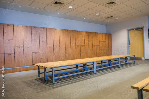 Public changing rooms with bench and lockers