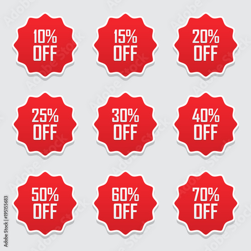 Sale tags set vector badges template, 10 off, 15 %, 20, 25, 30, 40, 50, 60, 70 percent sale label symbols, discount promotion flat icon with long shadow