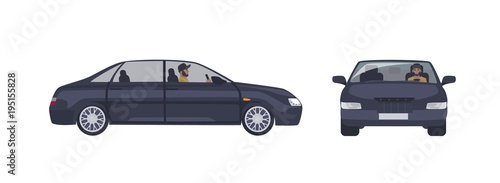 Bearded caucasian man in cap driving black sedan car isolated on white background. Male driver and his luxury automobile. Front and side views. Cartoon colorful vector illustration in flat style.