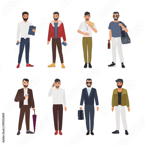 Collection of caucasian bearded men dressed in casual and formal clothes and standing in various poses. Male cartoon characters isolated on white background. Colored vector illustration in flat style.